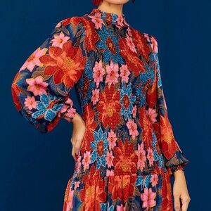 Farm Rio Dress Navy Garden Smocked Mini Dress Size Medium NWT
